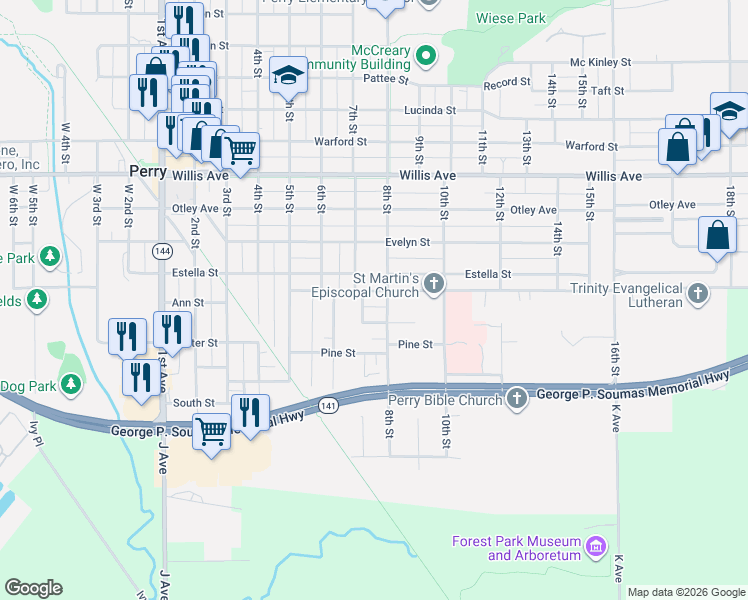 map of restaurants, bars, coffee shops, grocery stores, and more near 1702 Iowa Street in Perry