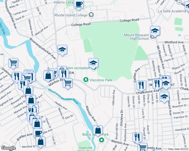 map of restaurants, bars, coffee shops, grocery stores, and more near 50 Obadiah Brown Road in Providence