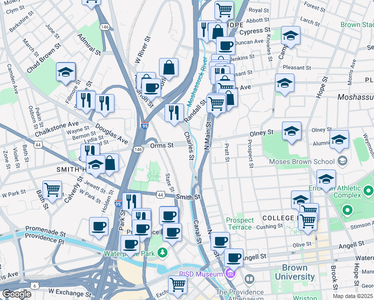 map of restaurants, bars, coffee shops, grocery stores, and more near 1 Rhode Island 7 in Providence