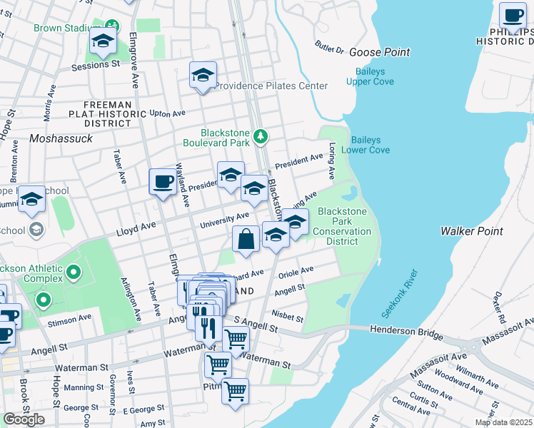 map of restaurants, bars, coffee shops, grocery stores, and more near 555 Lloyd Avenue in Providence