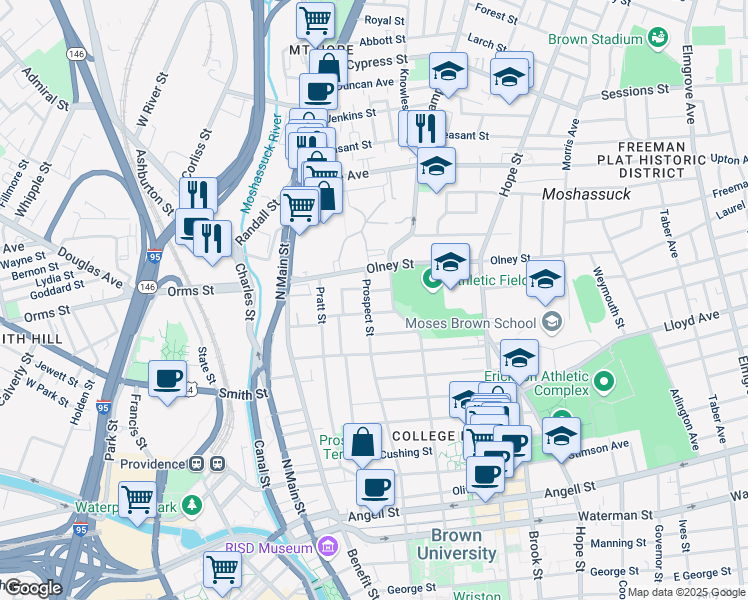 map of restaurants, bars, coffee shops, grocery stores, and more near 42 Hidden Street in Providence