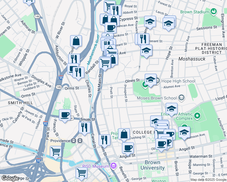 map of restaurants, bars, coffee shops, grocery stores, and more near 8 Hidden Street in Providence