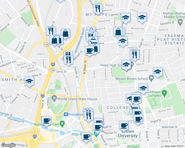 map of restaurants, bars, coffee shops, grocery stores, and more near 3 Pratt Street in Providence