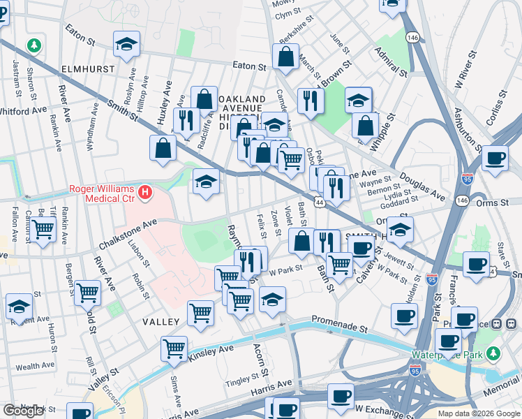 map of restaurants, bars, coffee shops, grocery stores, and more near 16 Ruggles Street in Providence