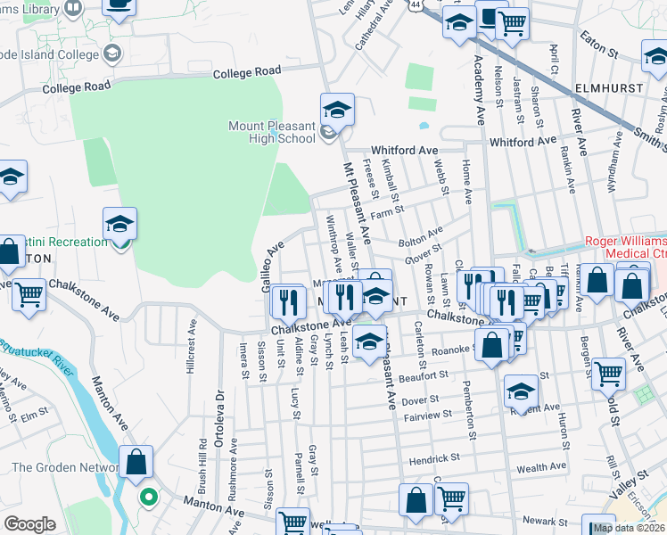 map of restaurants, bars, coffee shops, grocery stores, and more near 83 Standish Avenue in Providence