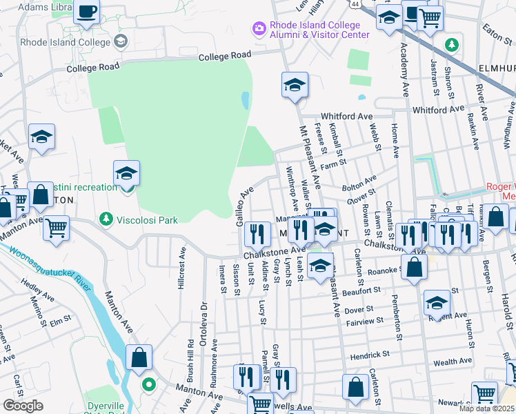 map of restaurants, bars, coffee shops, grocery stores, and more near 82 Samoset Avenue in Providence
