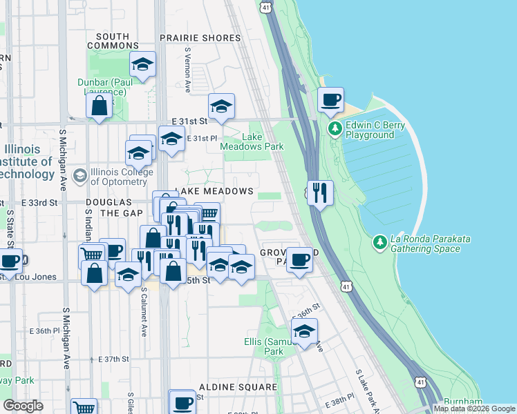 map of restaurants, bars, coffee shops, grocery stores, and more near 3300 South Rhodes Avenue in Chicago