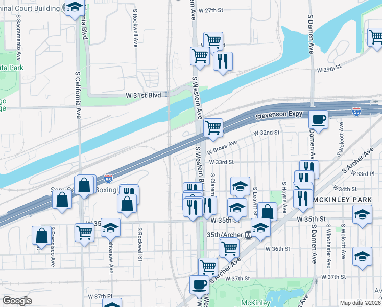 map of restaurants, bars, coffee shops, grocery stores, and more near 2405 West 32nd Place in Chicago