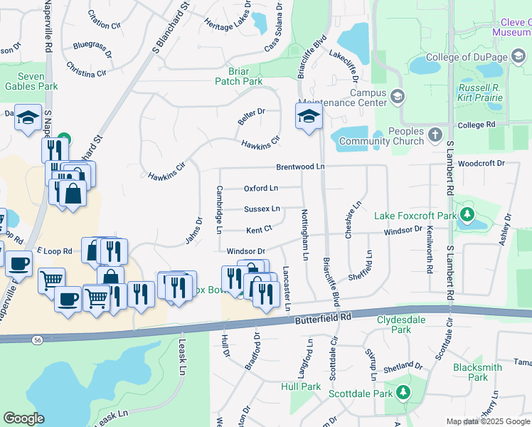 map of restaurants, bars, coffee shops, grocery stores, and more near 1235 Sussex Lane in Wheaton