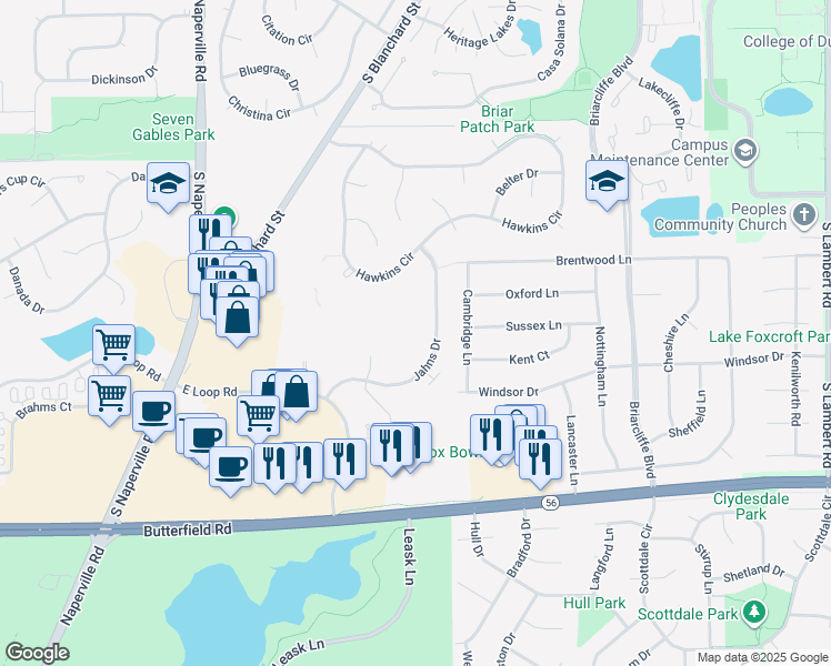 map of restaurants, bars, coffee shops, grocery stores, and more near 71 Kensington Circle in Wheaton