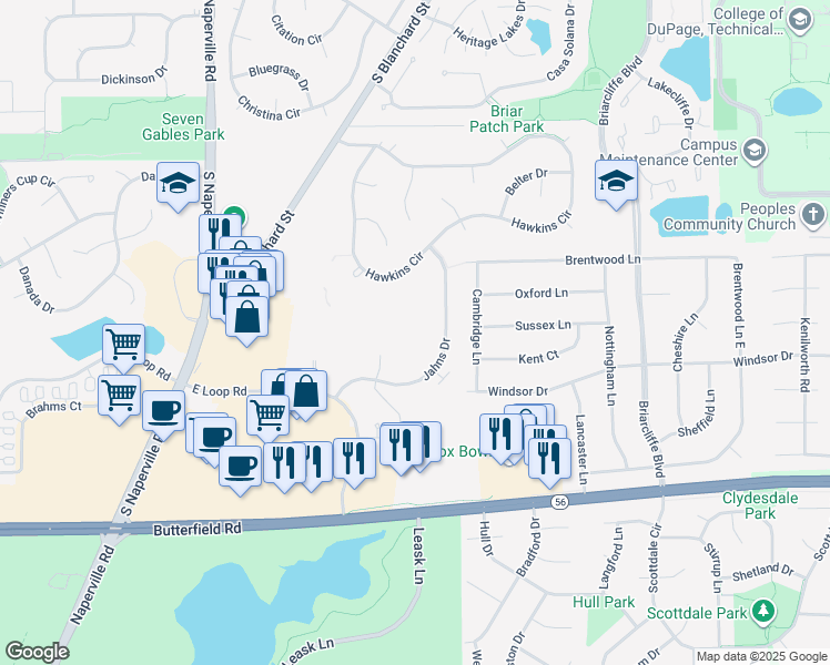 map of restaurants, bars, coffee shops, grocery stores, and more near 71 Kensington Circle in Wheaton