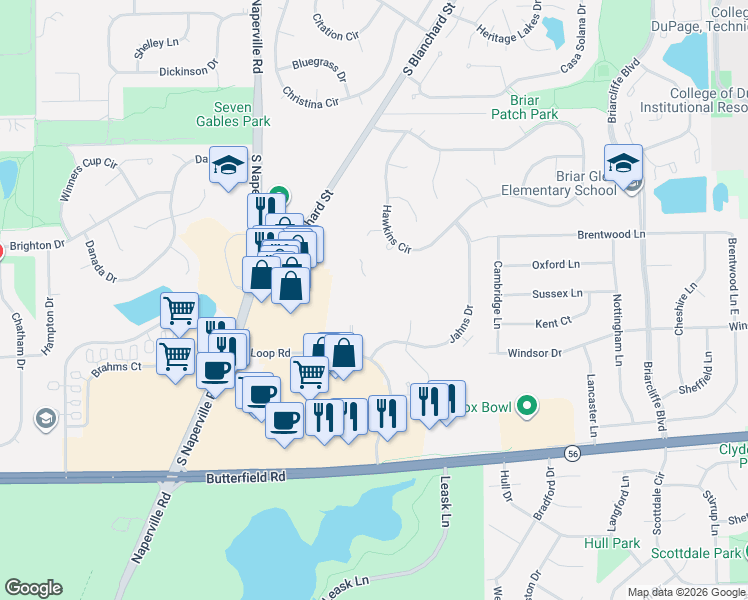 map of restaurants, bars, coffee shops, grocery stores, and more near 60 Sterling Circle in Wheaton