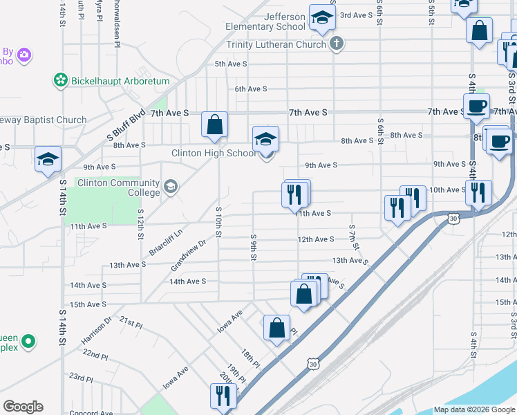 map of restaurants, bars, coffee shops, grocery stores, and more near 1008 South 9th Street in Clinton