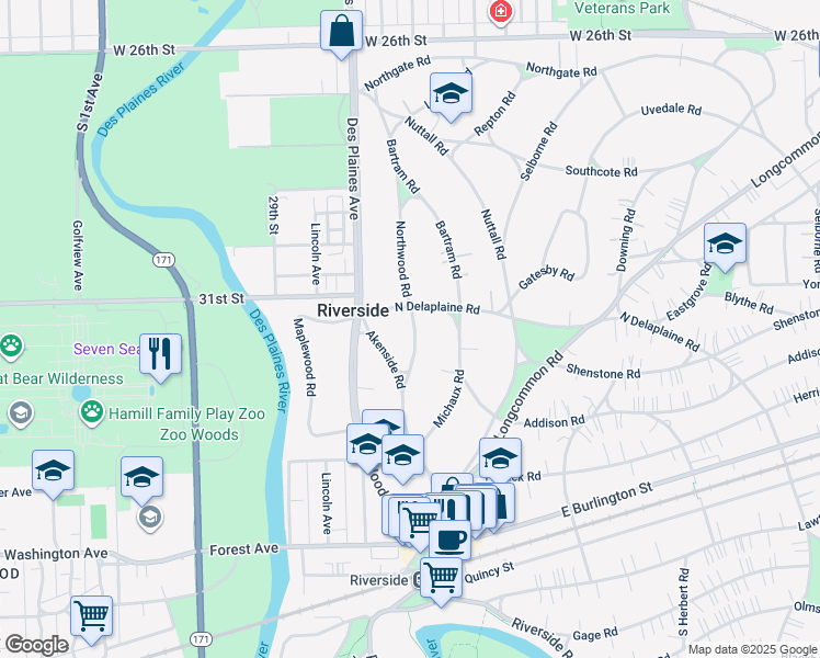 map of restaurants, bars, coffee shops, grocery stores, and more near in North Riverside