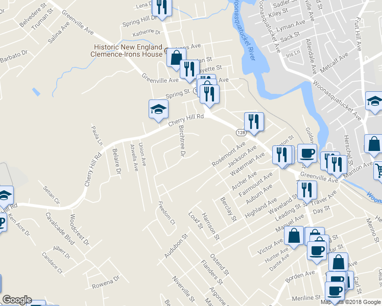 map of restaurants, bars, coffee shops, grocery stores, and more near 2 Patricia Drive in Johnston