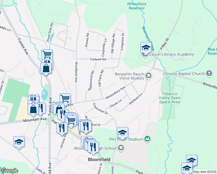 map of restaurants, bars, coffee shops, grocery stores, and more near Latimer Lane in Bloomfield
