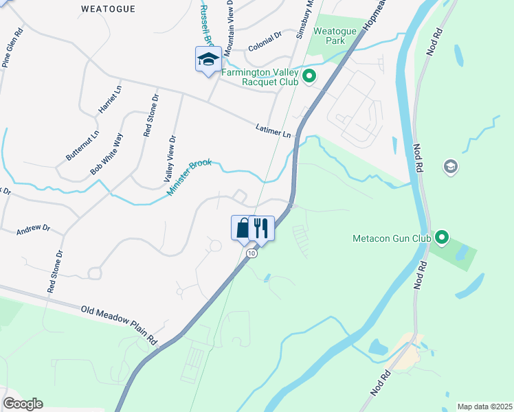map of restaurants, bars, coffee shops, grocery stores, and more near 1 Old Canal Way in Simsbury