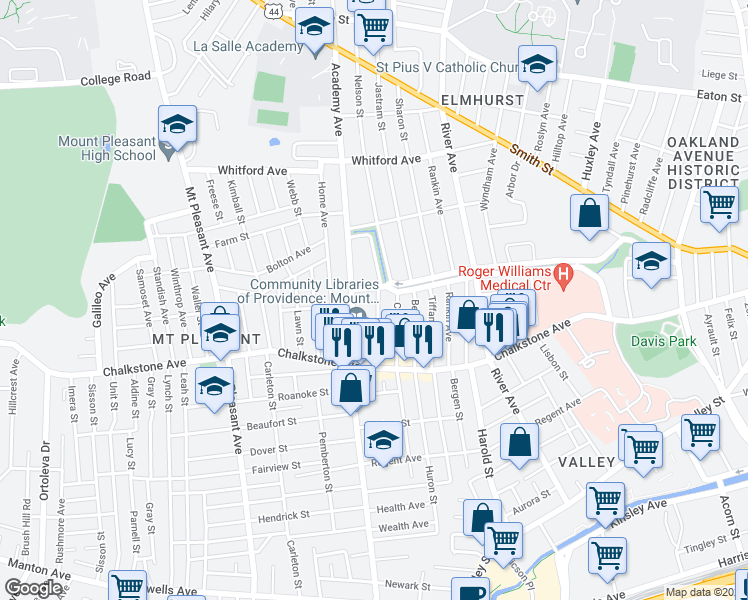 map of restaurants, bars, coffee shops, grocery stores, and more near 68 Fallon Avenue in Providence