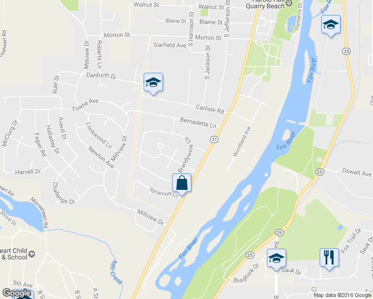 map of restaurants, bars, coffee shops, grocery stores, and more near 1281 Brandywine Circle in Batavia