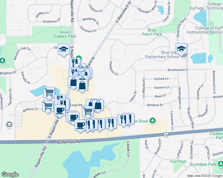 map of restaurants, bars, coffee shops, grocery stores, and more near 45 Kensington Circle in Wheaton