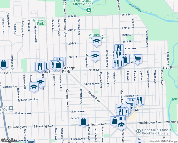 map of restaurants, bars, coffee shops, grocery stores, and more near 1417 East 31st Street in La Grange Park