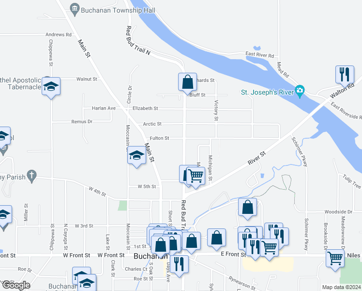 map of restaurants, bars, coffee shops, grocery stores, and more near 703 Red Bud Trail North in Buchanan