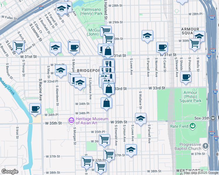 map of restaurants, bars, coffee shops, grocery stores, and more near 3265 South Halsted Street in Chicago