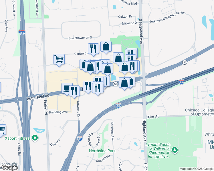 map of restaurants, bars, coffee shops, grocery stores, and more near 2001 East Butterfield Road in Downers Grove