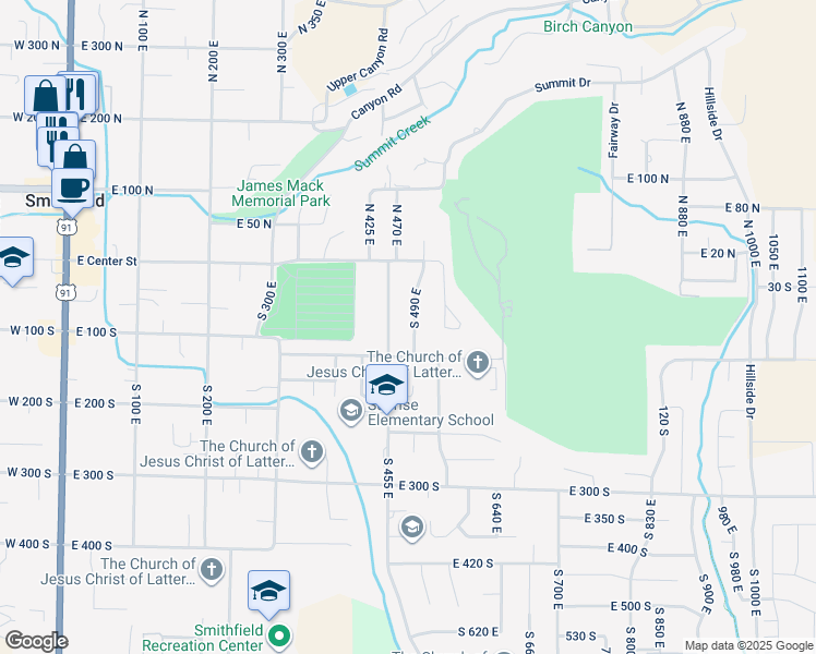 map of restaurants, bars, coffee shops, grocery stores, and more near 87 South 490 East in Smithfield