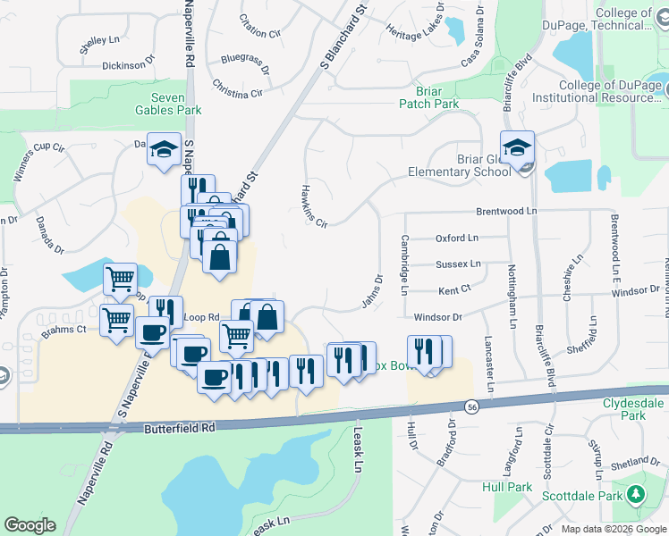 map of restaurants, bars, coffee shops, grocery stores, and more near 55 Kensington Circle in Wheaton
