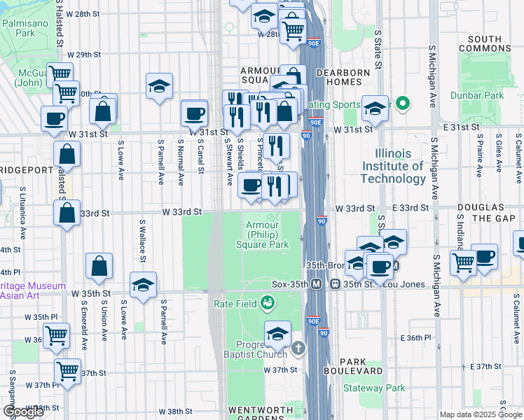 map of restaurants, bars, coffee shops, grocery stores, and more near 300 West 33rd Street in Chicago