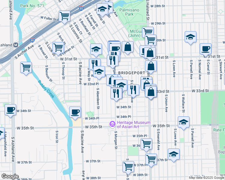 map of restaurants, bars, coffee shops, grocery stores, and more near 3254 South Morgan Street in Chicago