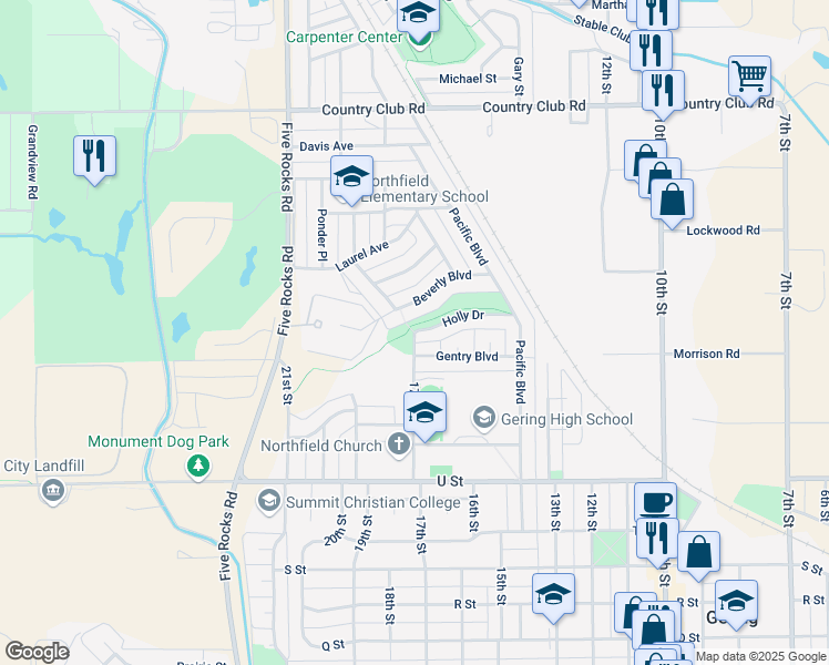 map of restaurants, bars, coffee shops, grocery stores, and more near 2345 17th Street in Gering