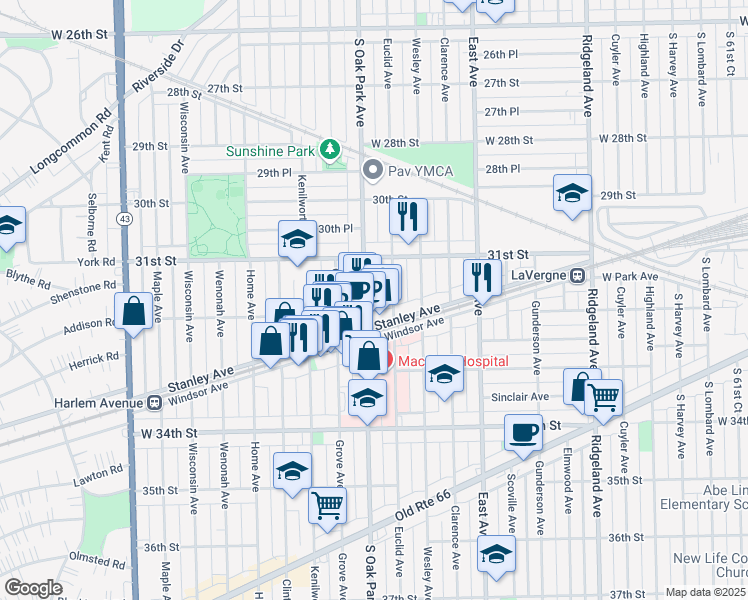 map of restaurants, bars, coffee shops, grocery stores, and more near 3137 South Oak Park Avenue in Berwyn