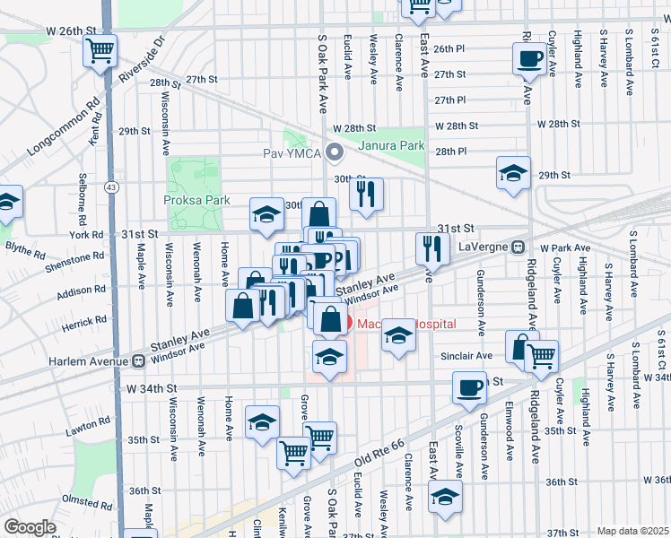 map of restaurants, bars, coffee shops, grocery stores, and more near 3137 South Oak Park Avenue in Berwyn