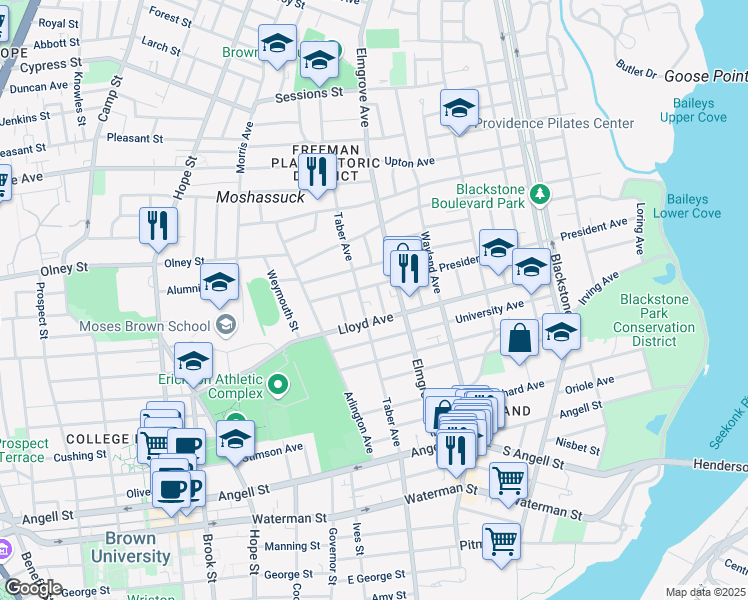map of restaurants, bars, coffee shops, grocery stores, and more near 52 President Avenue in Providence