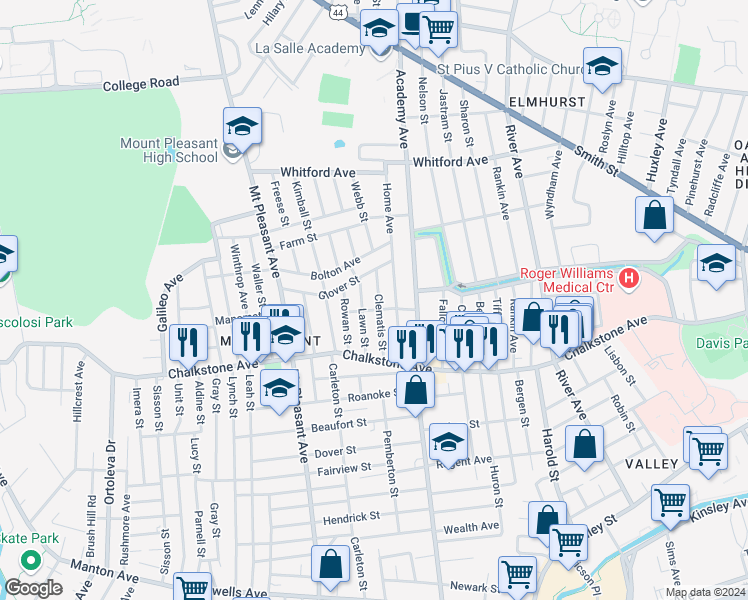map of restaurants, bars, coffee shops, grocery stores, and more near 81 Lawn Street in Providence