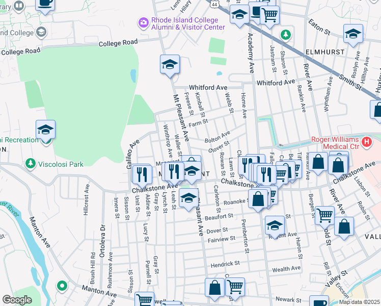 map of restaurants, bars, coffee shops, grocery stores, and more near 111 Glover Street in Providence