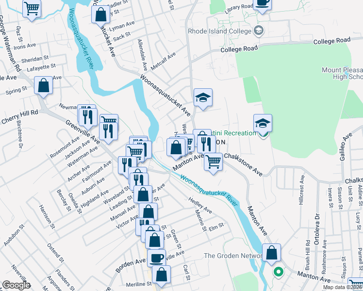 map of restaurants, bars, coffee shops, grocery stores, and more near 54 Westcott Avenue in Providence