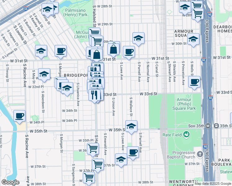 map of restaurants, bars, coffee shops, grocery stores, and more near 3241 South Union Avenue in Chicago