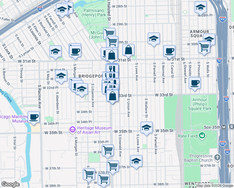 map of restaurants, bars, coffee shops, grocery stores, and more near 3240 South Emerald Avenue in Chicago
