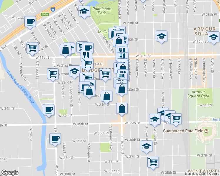 map of restaurants, bars, coffee shops, grocery stores, and more near 844 West 33rd Street in Chicago