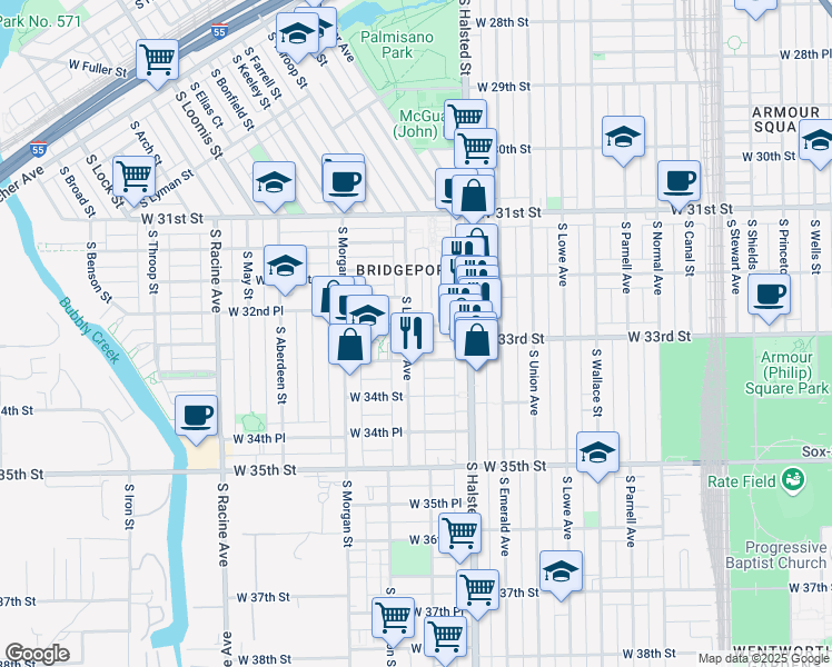 map of restaurants, bars, coffee shops, grocery stores, and more near 844 West 33rd Street in Chicago