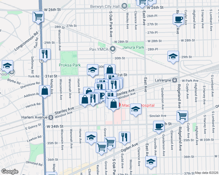 map of restaurants, bars, coffee shops, grocery stores, and more near 3122 Oak Park Avenue in Berwyn