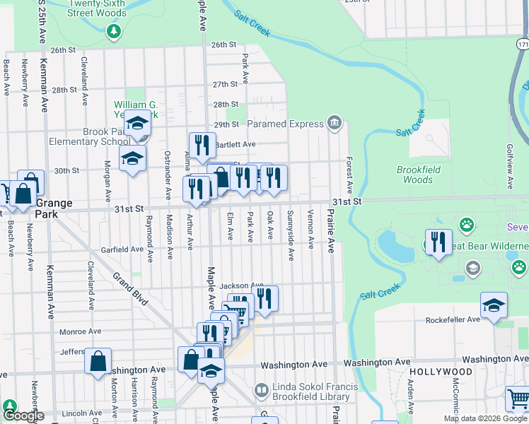 map of restaurants, bars, coffee shops, grocery stores, and more near 9042 31st Street in Brookfield