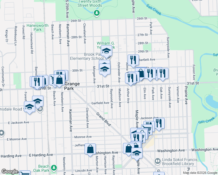 map of restaurants, bars, coffee shops, grocery stores, and more near 1125 Harrison Avenue in La Grange Park