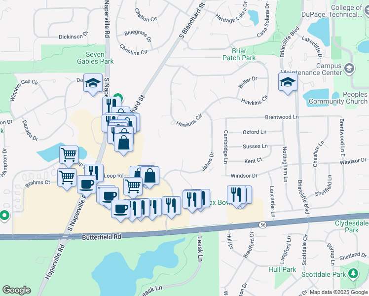 map of restaurants, bars, coffee shops, grocery stores, and more near 41 Kensington Circle in Wheaton