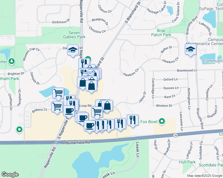 map of restaurants, bars, coffee shops, grocery stores, and more near 32 Sterling Circle in Wheaton