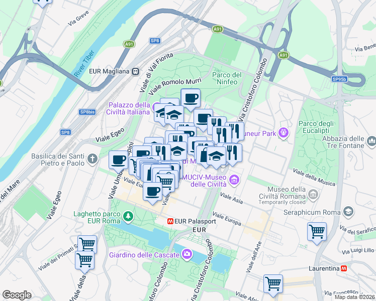 map of restaurants, bars, coffee shops, grocery stores, and more near 21 Piazzale Luigi Sturzo in Roma