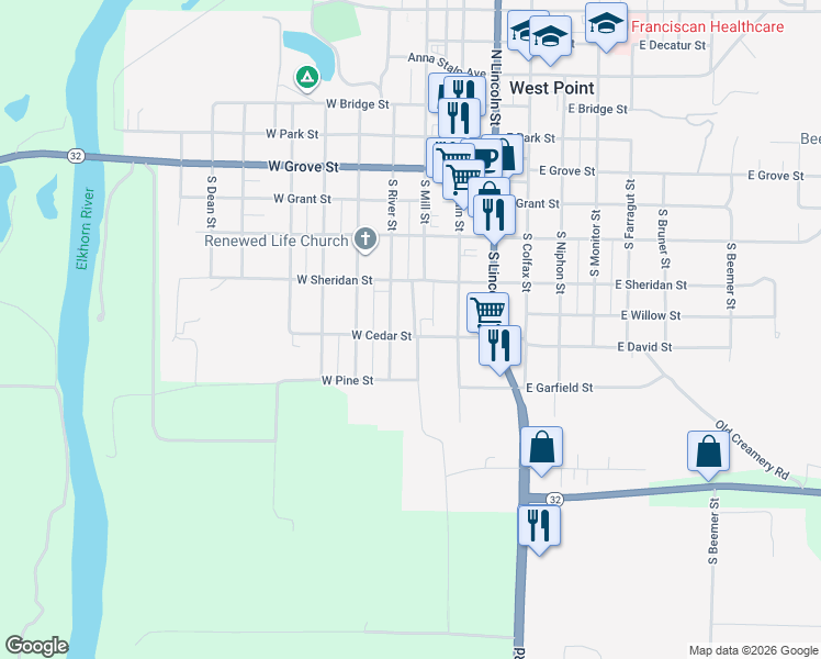 map of restaurants, bars, coffee shops, grocery stores, and more near 541 South Railroad Street in West Point